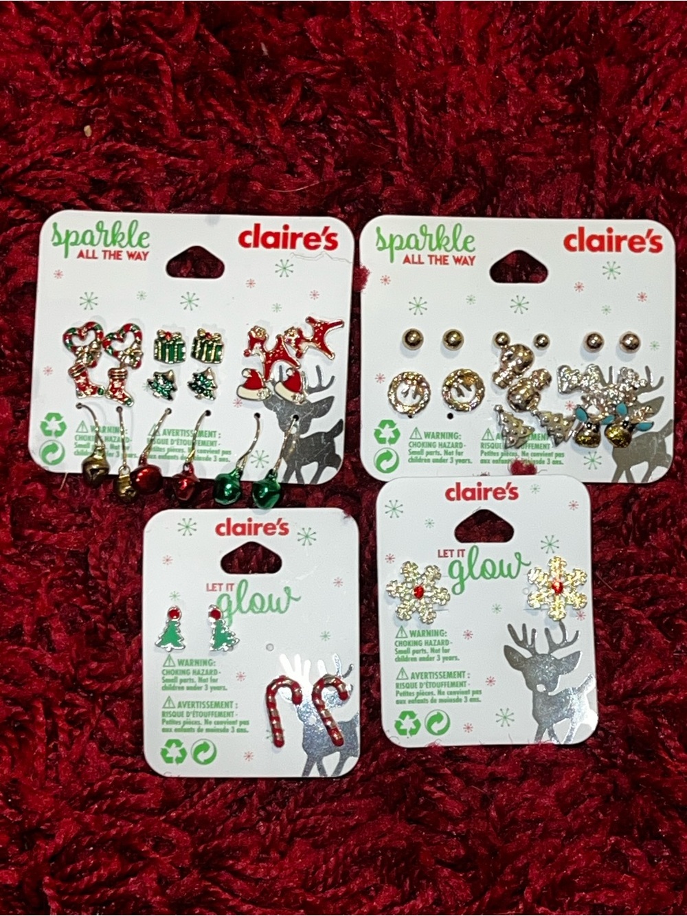 Brand New 4 Claire’s Christmas Earrings Sparkle All The Way & Let It Glow Bundle